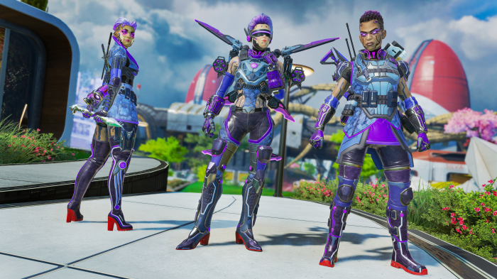 Three female characters from Apex Legends in purple and blue outfits