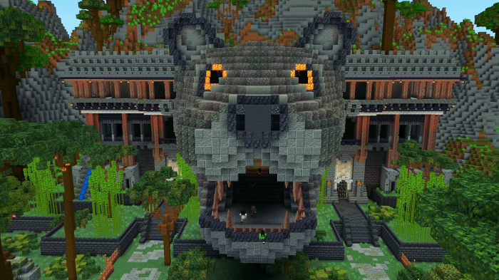Minecraft castle built in the shape of a wolf's head