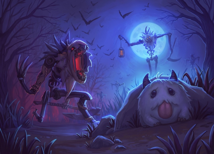 League of Legends Halloween scene with monsters and a Poro