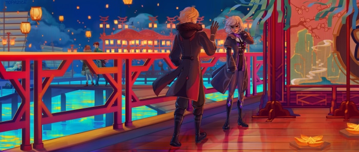 Two characters on a bridge with lanterns in Genshin Impact