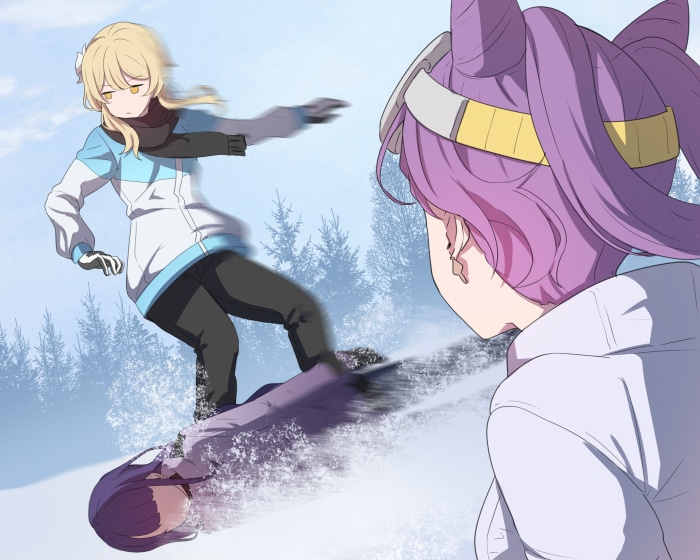 Lumine snowboarding with Raiden Shogun from Genshin Impact