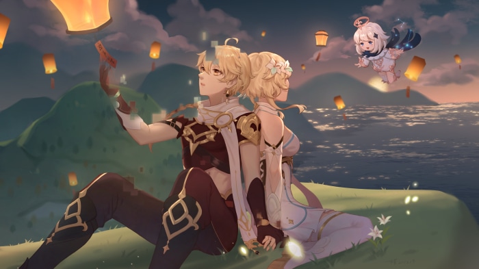 Aether and Lumine from Genshin Impact with Paimon