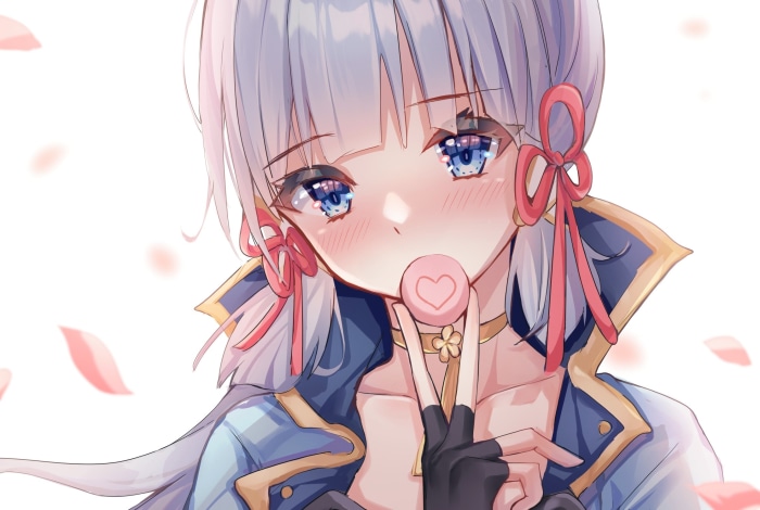 Kamisato Ayaka from Genshin Impact with a lollipop