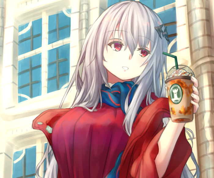 Skadi from Arknights holding a Frappuccino