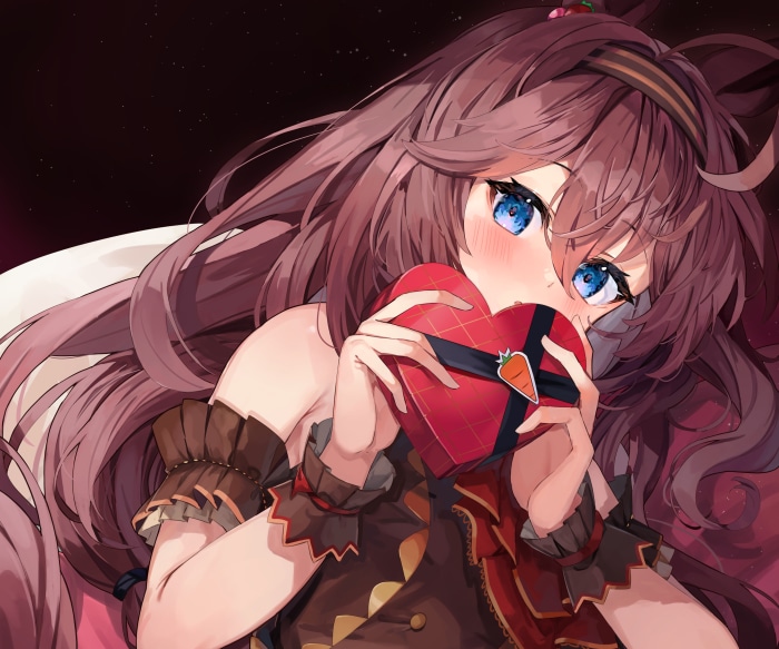 Mihono Bourbon from Uma Musume: Pretty Derby holding a heart-shaped box