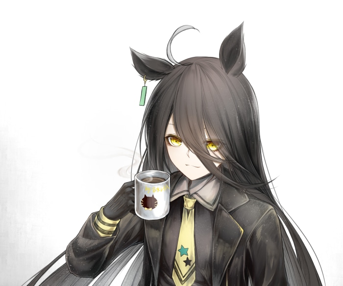 Manhattan Café from Uma Musume: Pretty Derby holding a coffee mug