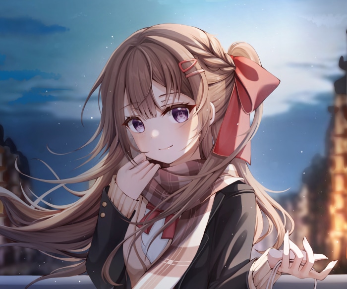 Anime girl with brown hair and purple eyes