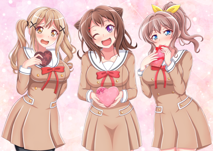 Saaya Yamabuki, Toyama Kasumi, and Arisa Ichigaya from BanG Dream!
