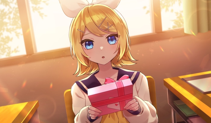 Rin Kagamine holding a gift box