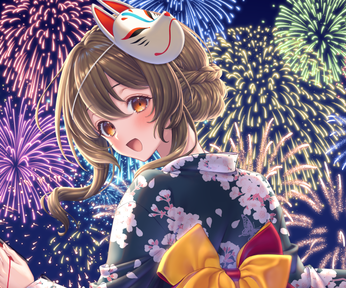 Girl in Kimono Wearing Fox Mask at Fireworks Display