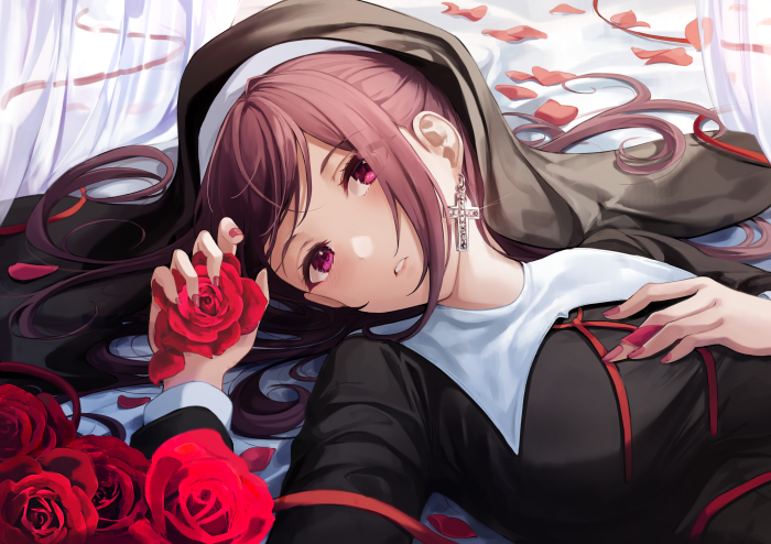 Anime girl in nun outfit with roses