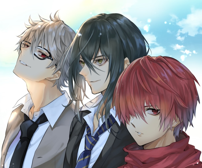 Three male anime characters in suits