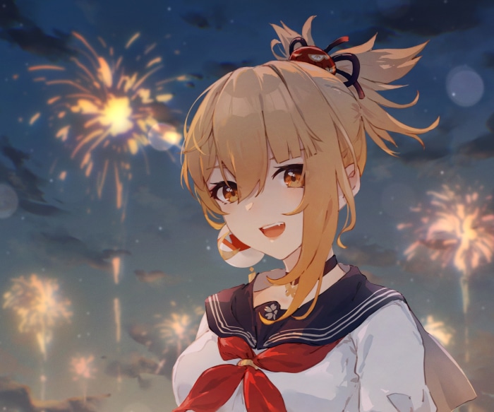 Yoimiya from Genshin Impact with Fireworks