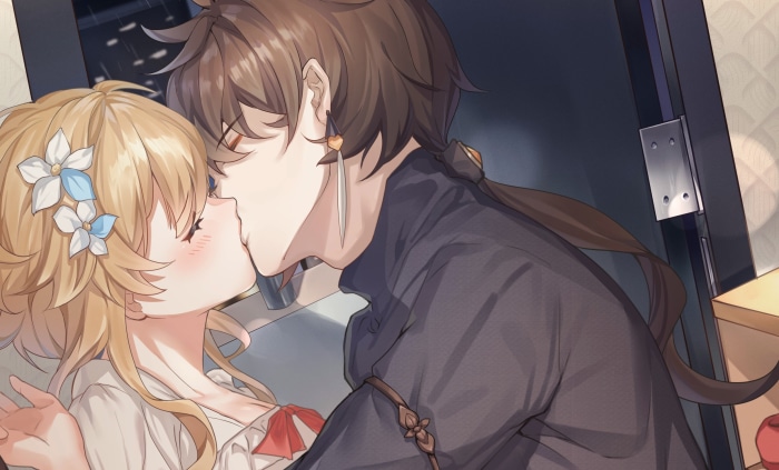 Lumine and Zhongli from Genshin Impact kissing
