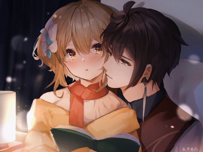 Lumine and Zhongli from Genshin Impact reading a book