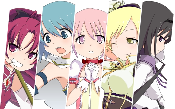 Puella Magi Madoka Magica characters: Kyoko Sakura, Sayaka Miki, Madoka Kaname, Mami Tomoe, Homura Akemi