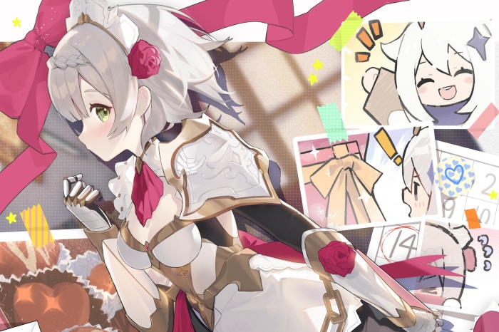 Noelle from Genshin Impact with Paimon and gifts