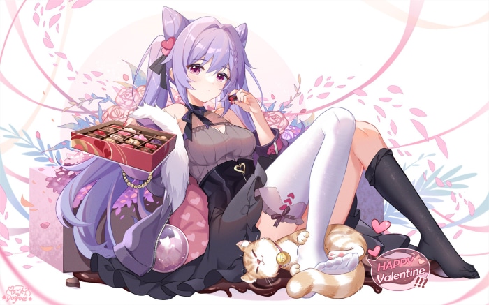 Keqing from Genshin Impact with chocolates and cat