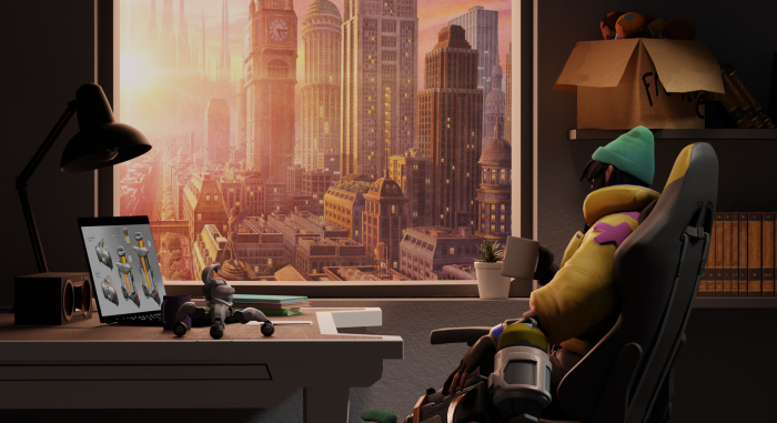 Killjoy from Valorant at a desk with a city view