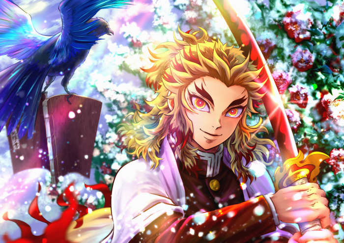 Kyojuro Rengoku from Demon Slayer with a crow