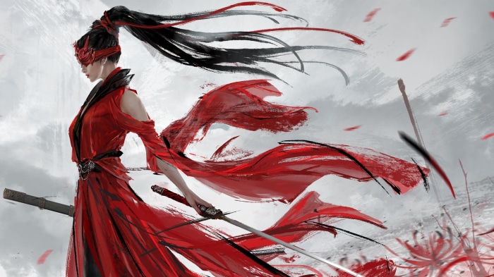 Woman in red dress with swords from Naraka: Bladepoint