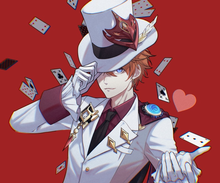 Tartaglia Childe from Genshin Impact with cards