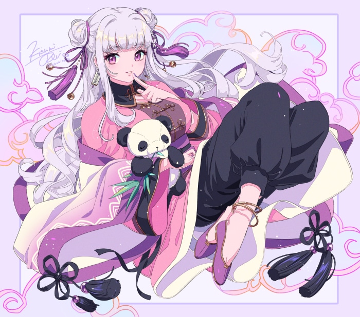 Girl with panda plushie and bamboo