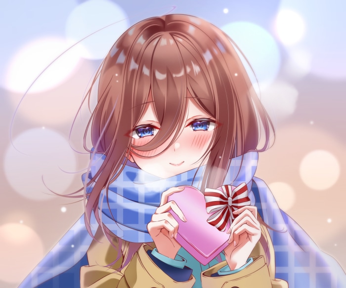 Miku Nakano from The Quintessential Quintuplets holding a heart-shaped box