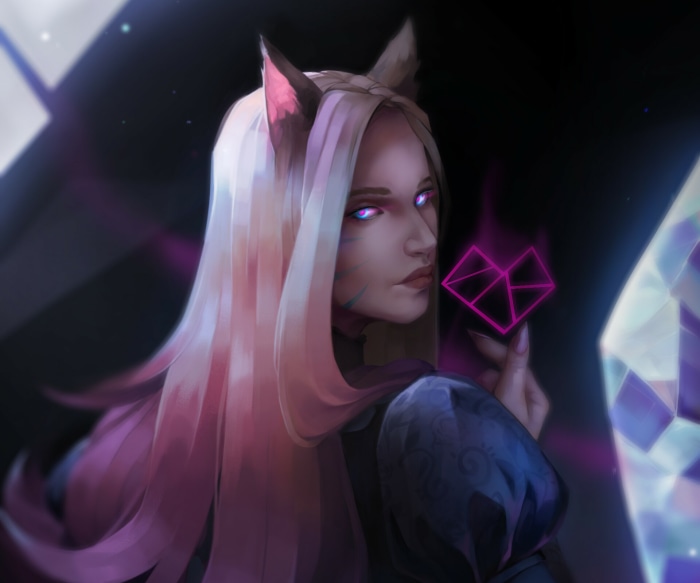 Ahri from League of Legends holding a pink geometric shape