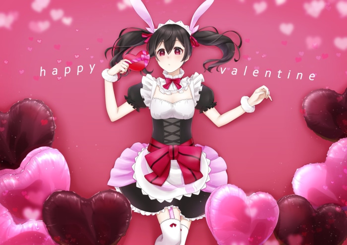 Nico Yazawa from Love Live! in a maid outfit with heart balloons