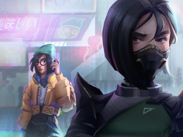 Killjoy and Viper from Valorant in a neon city
