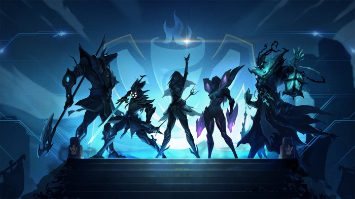 League of Legends characters on a stage