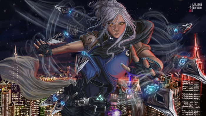 Jett from Valorant in a city at night