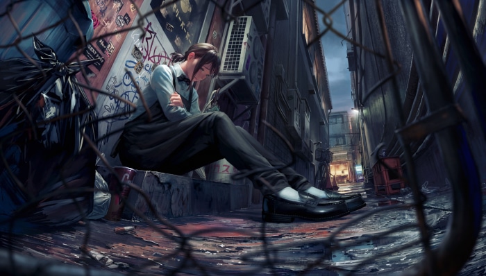 Kobeni Higashiyama from Chainsaw Man sitting in an alley