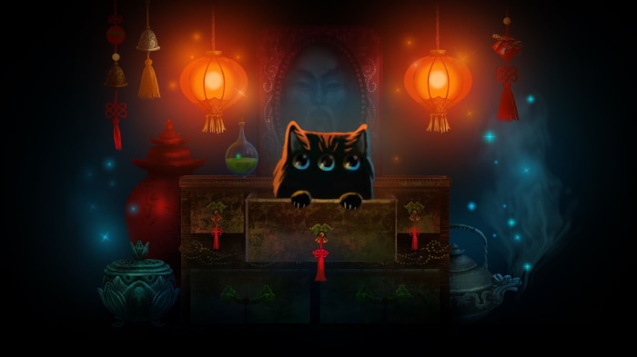 Black cat with three eyes in a mystical room
