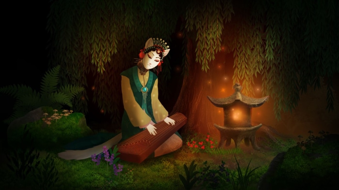 Cat-like woman playing a koto in a mystical forest