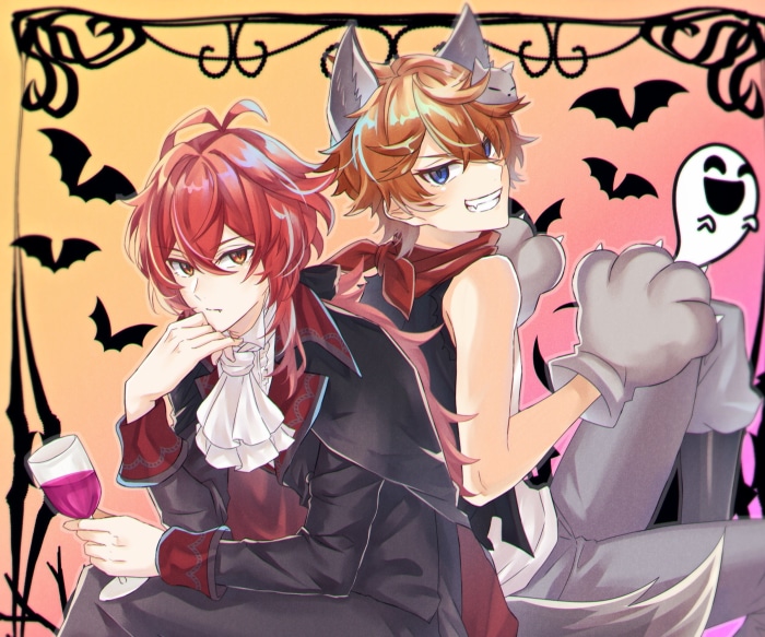 Diluc and Tartaglia from Genshin Impact in Halloween costumes