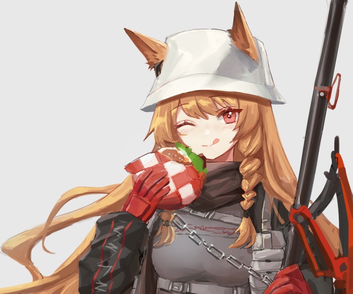 Ceobe from Arknights eating a burger