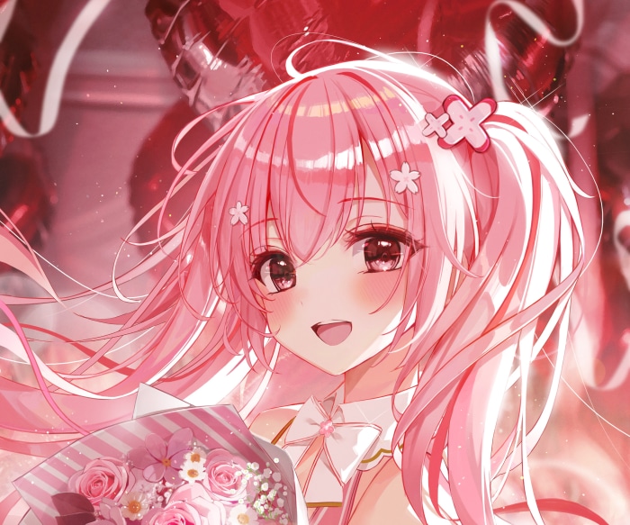 Girl with Pink Hair Holding Flowers