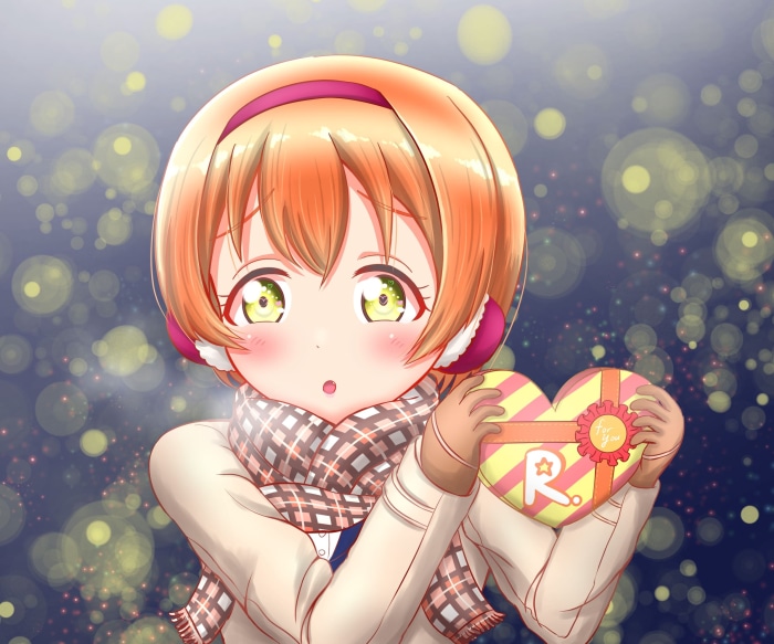 Rin Hoshizora from Love Live! holding a heart-shaped chocolate