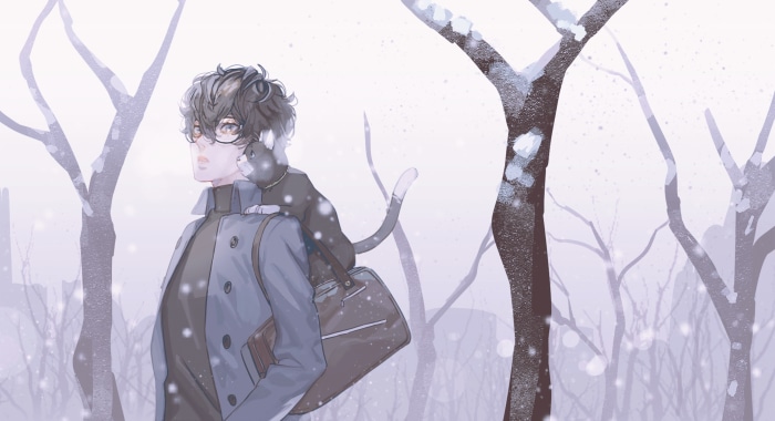 Akira Kurusu and Morgana from Persona in Snow