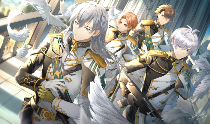 Four men in military uniforms with doves
