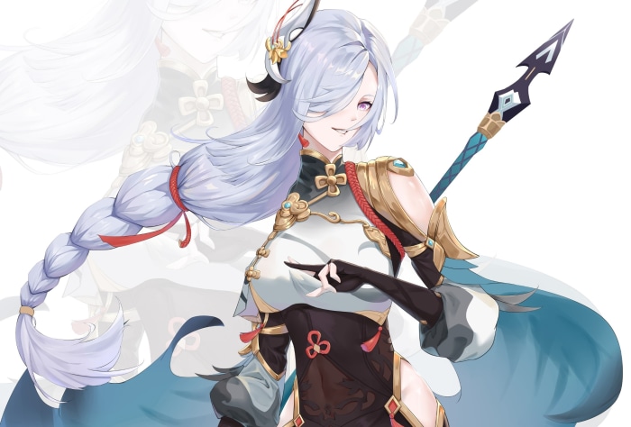 Shenhe from Genshin Impact with a spear