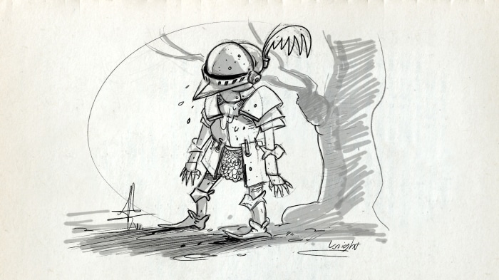 Knight in armor sweating in a forest