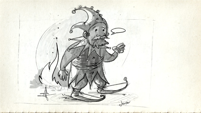 Jester character with flames and speech bubble