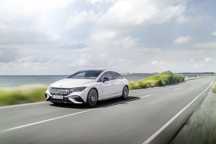 Mercedes-AMG EQE 43 4K driving on a coastal road
