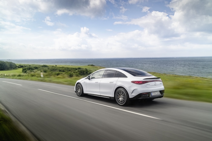 Mercedes-AMG EQE 43 4K driving on coastal road