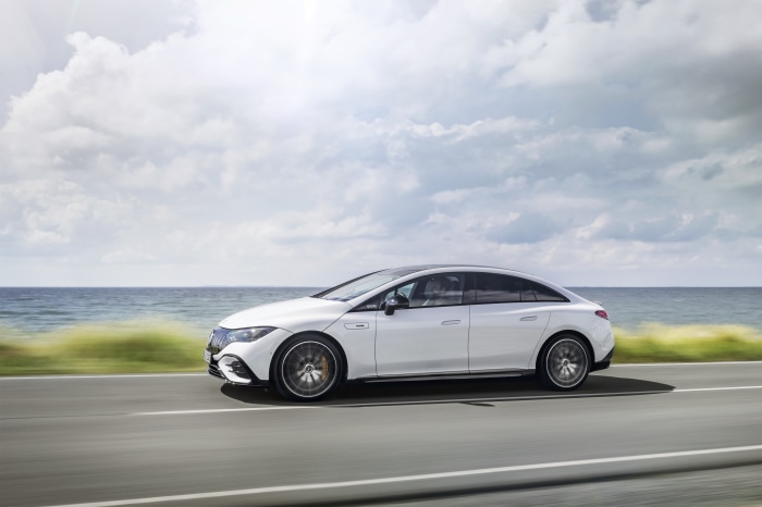 Mercedes-AMG EQE 43 4K driving by the sea