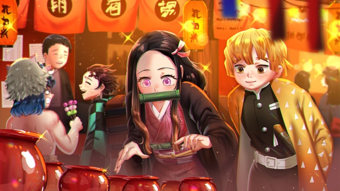 Nezuko and Zenitsu from Demon Slayer at a Festival