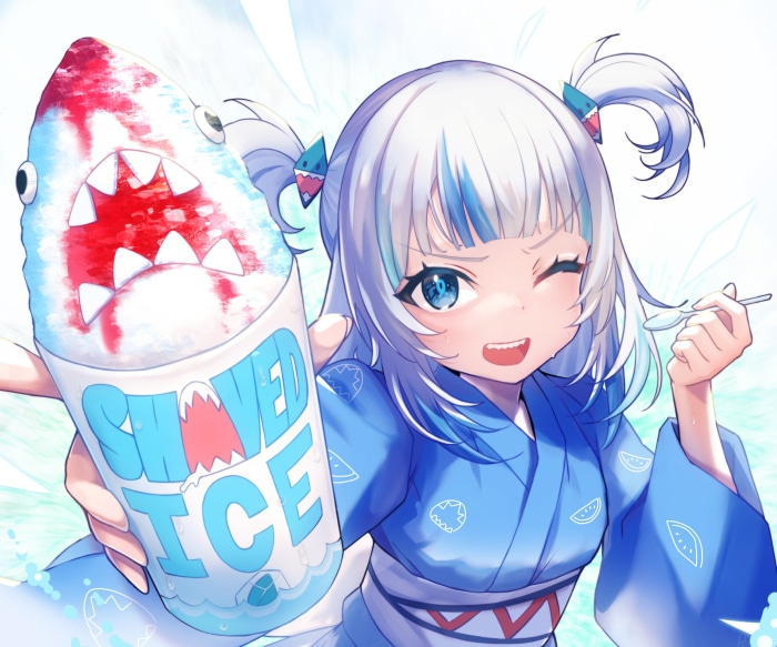 Gawr Gura from Hololive holding shaved ice